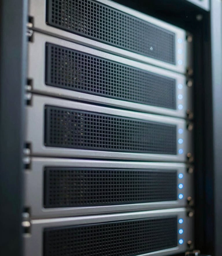 Macro shot of a clean, high-end server rack with subtle blue indicator lights, cool technical lighting, shallow depth of field.