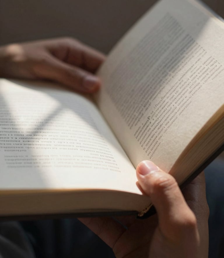 Tight macro shot of a student's hands holding an open book under natural daylight, deep shadows framing the textured paper pages, focused atmosphere.