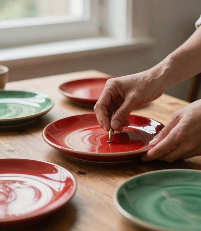 Hands styling ceramic plates on a wooden table, soft natural window light, rich crimson tones, shallow depth of field, 35mm