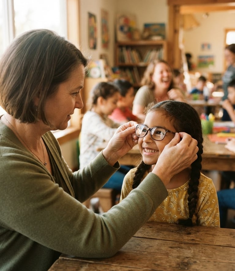 Hands of a volunteer carefully adjusting eyeglasses for a smiling child in a warm, sunlit community room, candid 35mm style