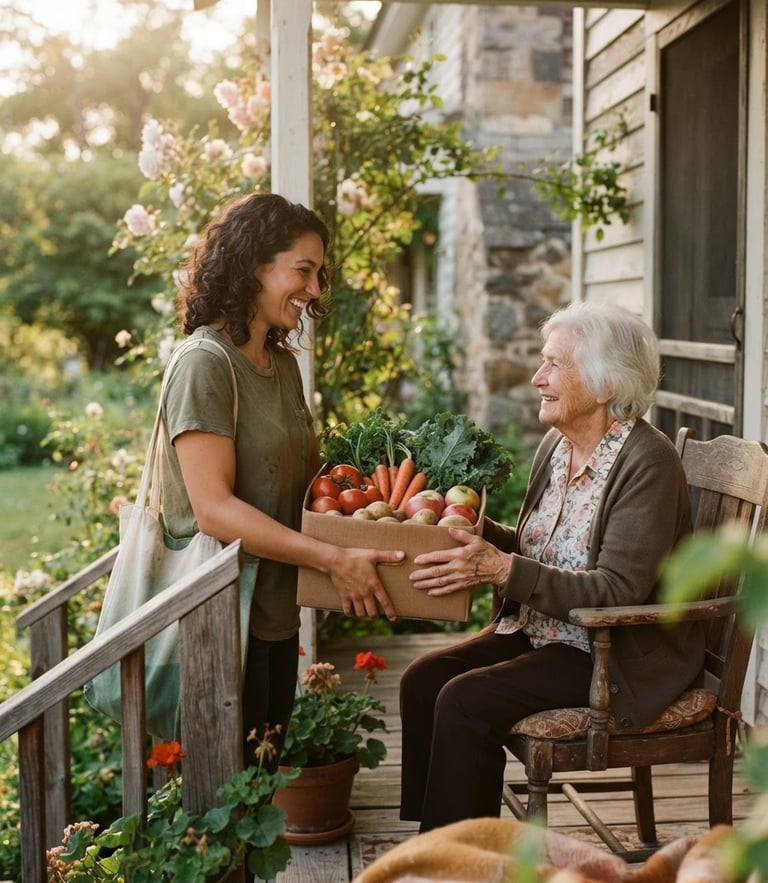 Candid warm editorial photo of a volunteer handing a box of fresh valley produce to an elderly neighbor on a sunny porch, 35mm