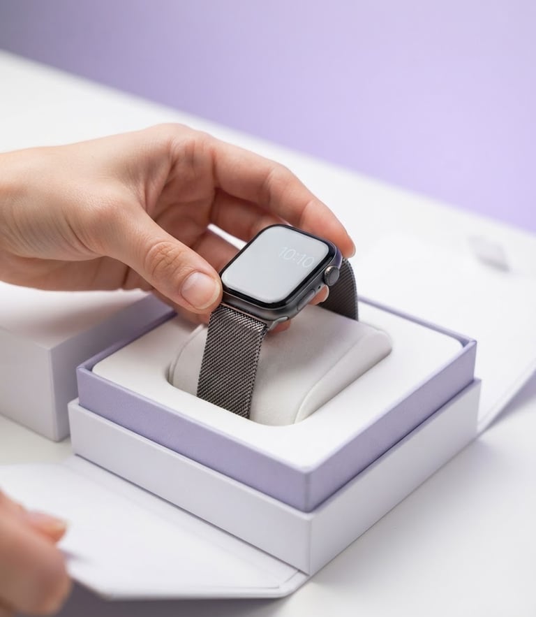bright high-key product photography, clean purple and white studio background, crisp studio light, sharp focus, 50mm, a hand unboxing a premium smartwatch
