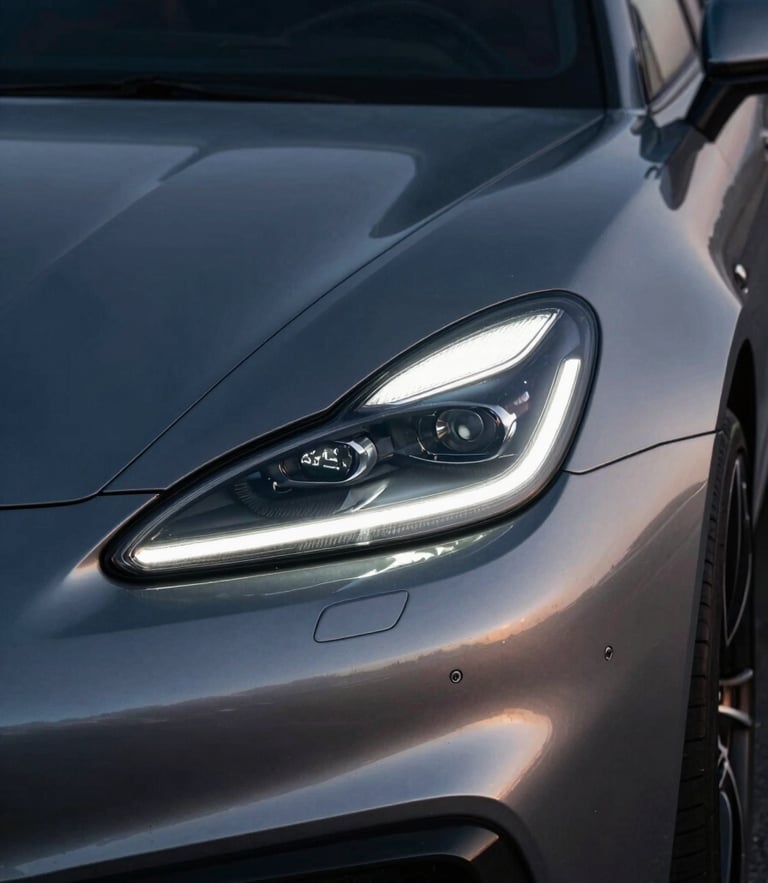 Low-key dramatic twilight shot of a luxury modern sports car headlight, sharp metallic silver reflections, deep shadows, 35mm automotive photography