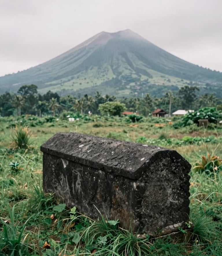 Moody overcast daylight highlighting a massive volcanic stone sarcophagus in a misty green highland field in Bondowoso, 35mm film style