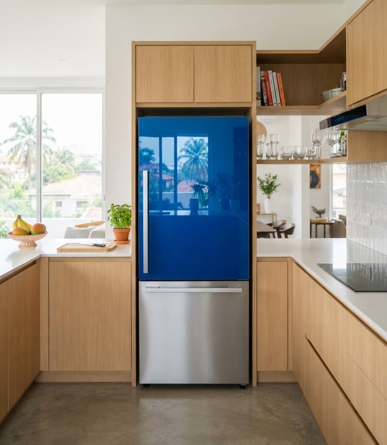 Straight-on shot of a modern electric blue and steel smart refrigerator integrated into a bright, contemporary Abidjan kitchen, soft daylight, 50mm lens