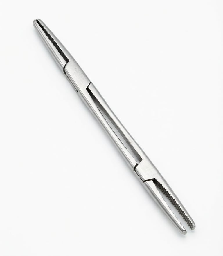 Bright high-key product photography of a surgical forceps on a seamless clinical white backdrop, crisp studio light, macro lens, sharp focus on the metallic texture.