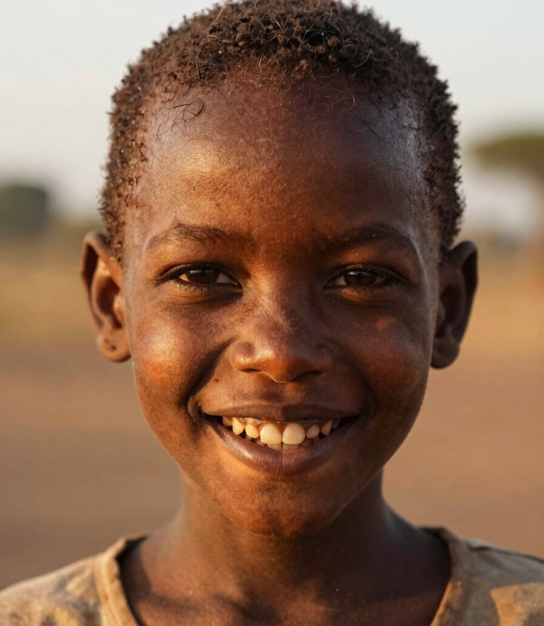 A close-up portrait of a smiling Mozambican child in warm golden hour light, authentic setting, candid expression, 35mm lens