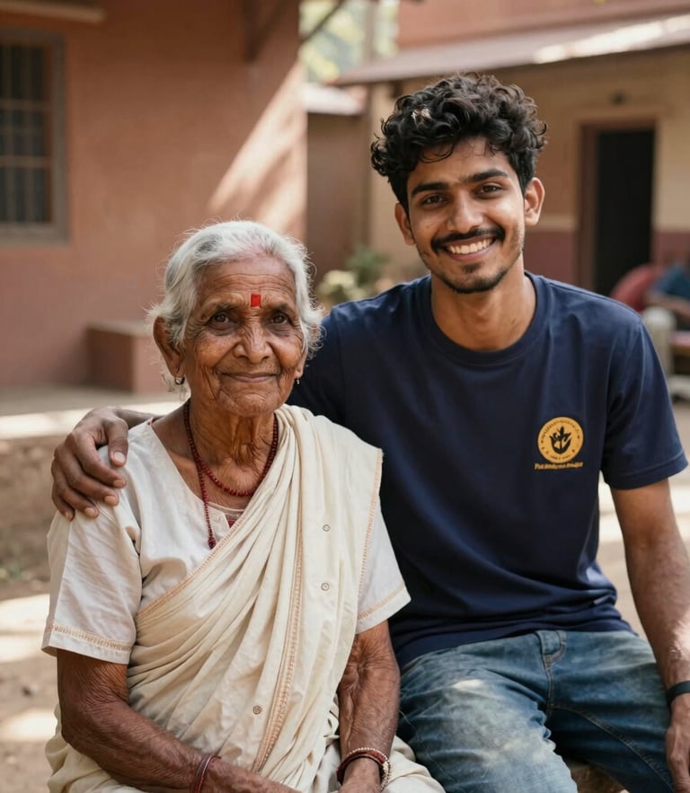 A warm portrait of an elderly resident and a young volunteer smiling together in a sunlit courtyard in Beed, documentary style, natural Indian sunlight, rich earth tones.