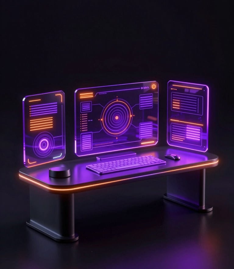 Sleek 3D render of a futuristic holographic workstation, dark obsidian background, vibrant violet and neon orange ambient lighting, high contrast, octane render style