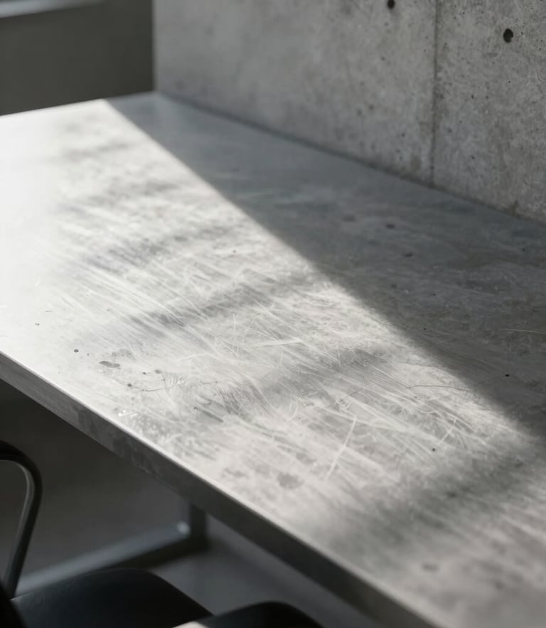 A sharp, close-up architectural composition of a modern concrete workspace, cool diffused morning light casting precise geometric shadows across a clean steel desk.