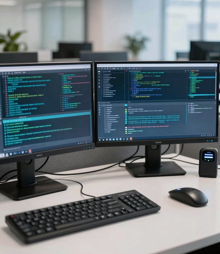 A clean, modern, secure operations desk with dual monitors displaying encrypted data streams, cool daylight-balanced lighting, biometric scanner visible on the side, distraction-free corporate environment.