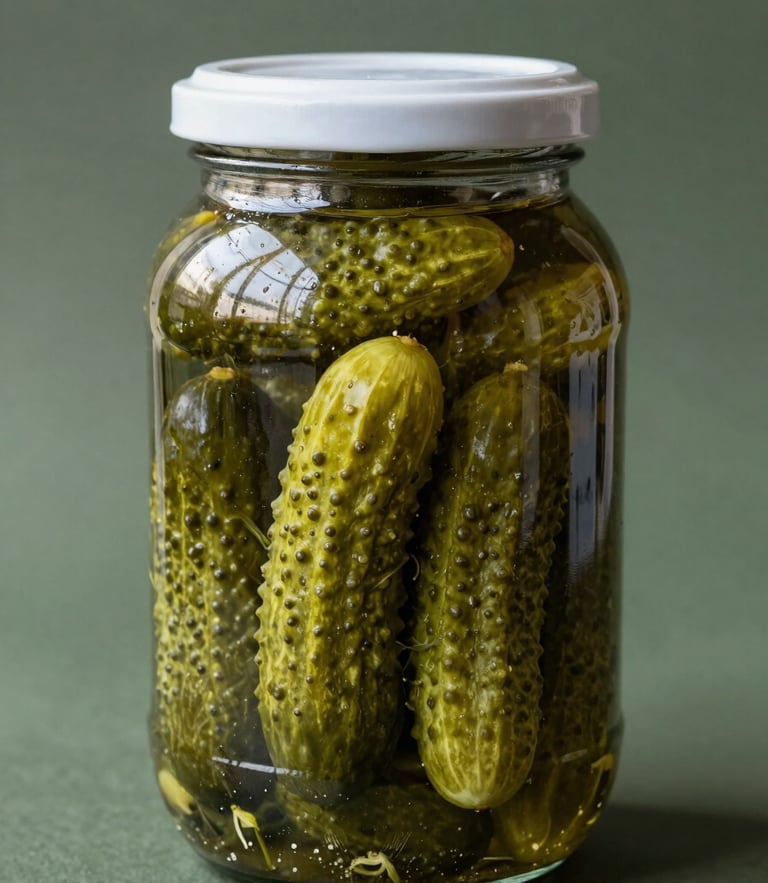 Straight-on eye-level portrait shot of a traditional glass jar filled with vibrant green pickled cucumbers, soft natural daylight, deep military green background, rich textures, 50mm lens