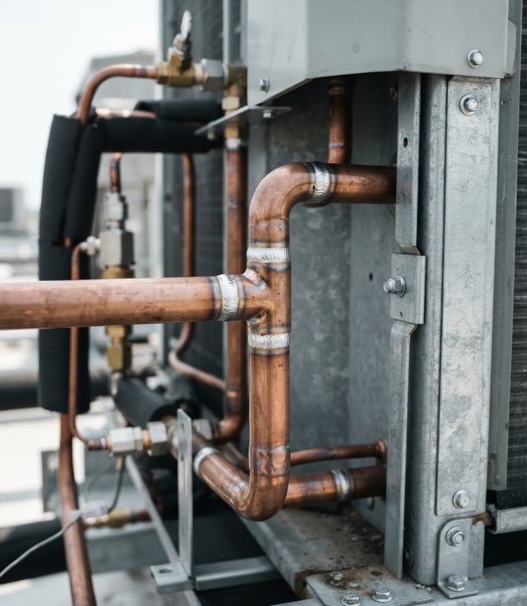 A close-up of pristine copper piping welds on a commercial condenser unit, bright utility lighting, cool metallic tones, sharp focus.