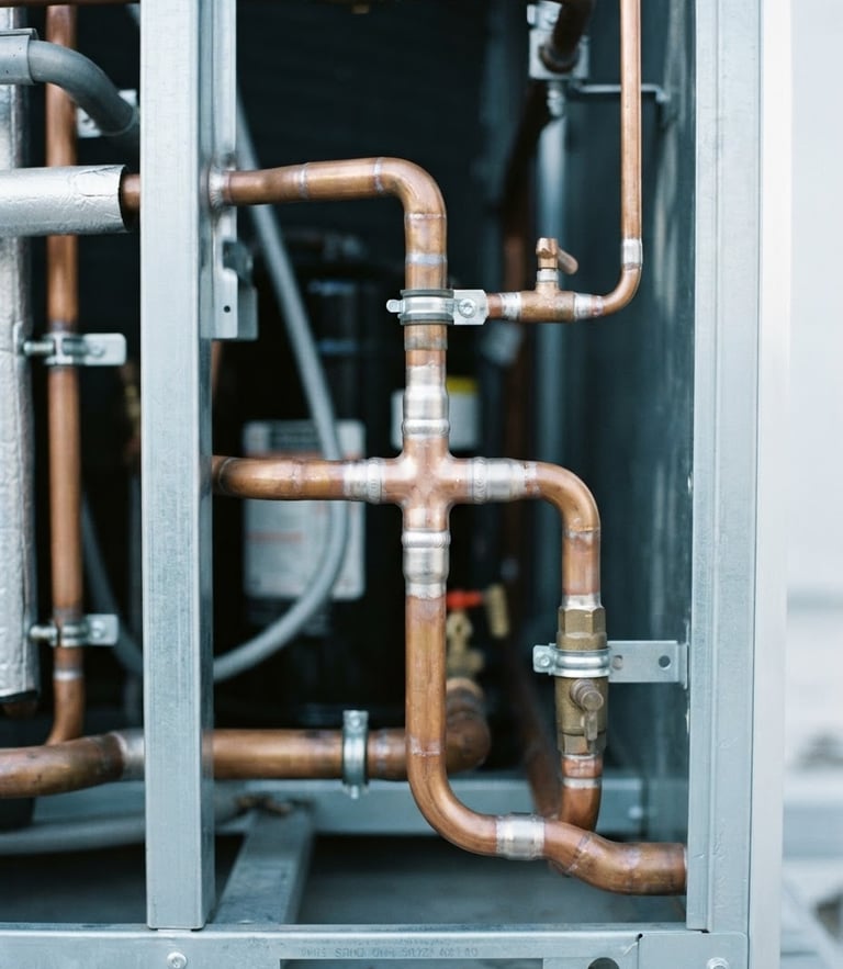 Close-up of clean copper piping welds on a pristine commercial condenser unit, bright crisp utility lighting, cool metallic tones, high-contrast 35mm