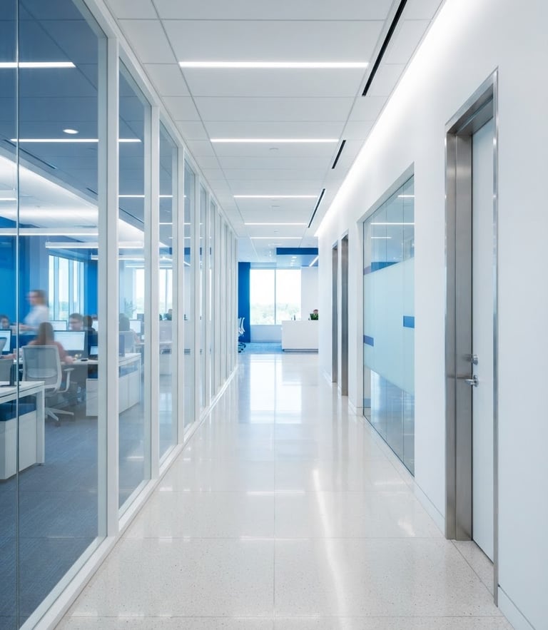 Bright commercial photography of a modern, clean corporate hallway, high-key studio lighting, crisp blue and white tones, sharp focus, professional 35mm