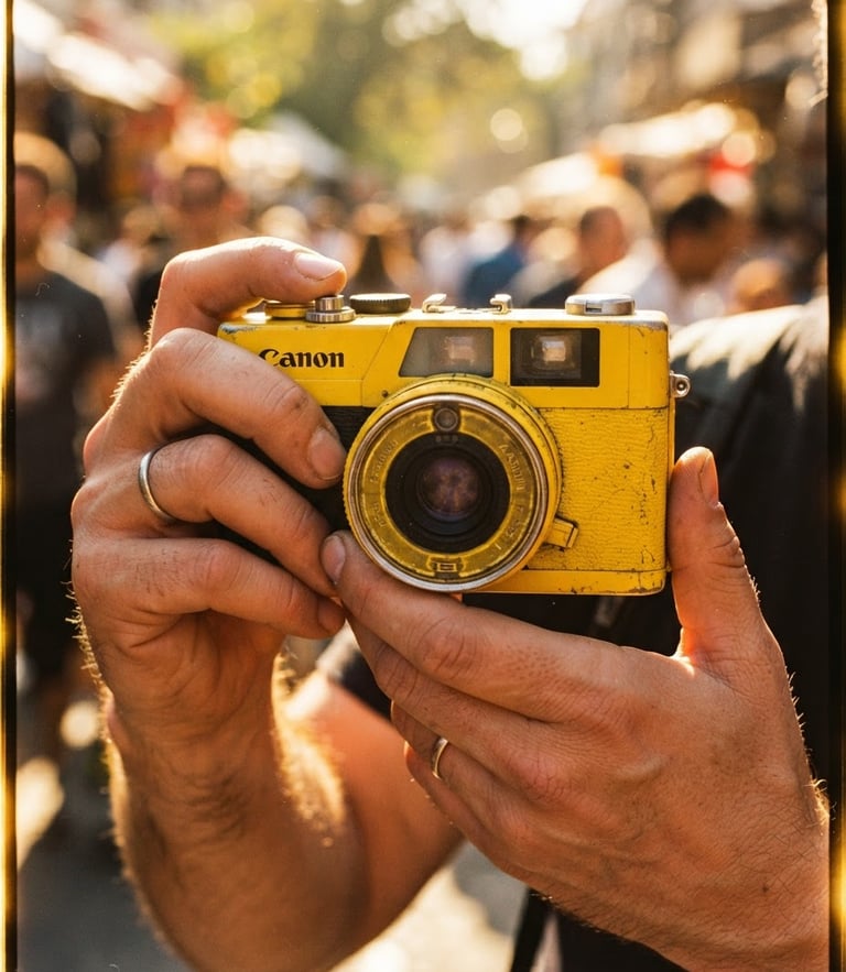 Close-up of hands holding a yellow retro analog camera, harsh direct sunlight, saturated golden tones, 35mm lens style