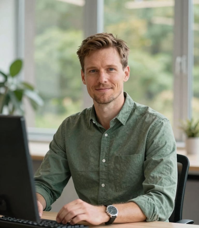 Warm professional portrait of a Swedish accountant in a bright Skövde office, soft natural Scandinavian daylight, forest green accents, 35mm lens