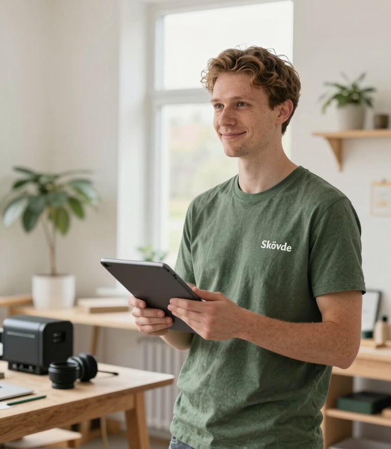 Warm editorial photo of a local business owner in Skövde holding a tablet in a bright workshop, soft natural daylight, forest green accents, 35mm lens.