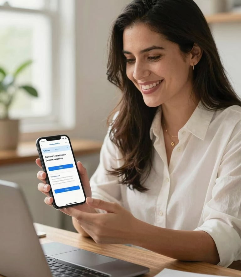 A professional Colombian independent consultant in a bright, natural-light home office, smiling confidently while looking at a mobile screen showing a successful social security enrollment confirmation, warm editorial photography style.