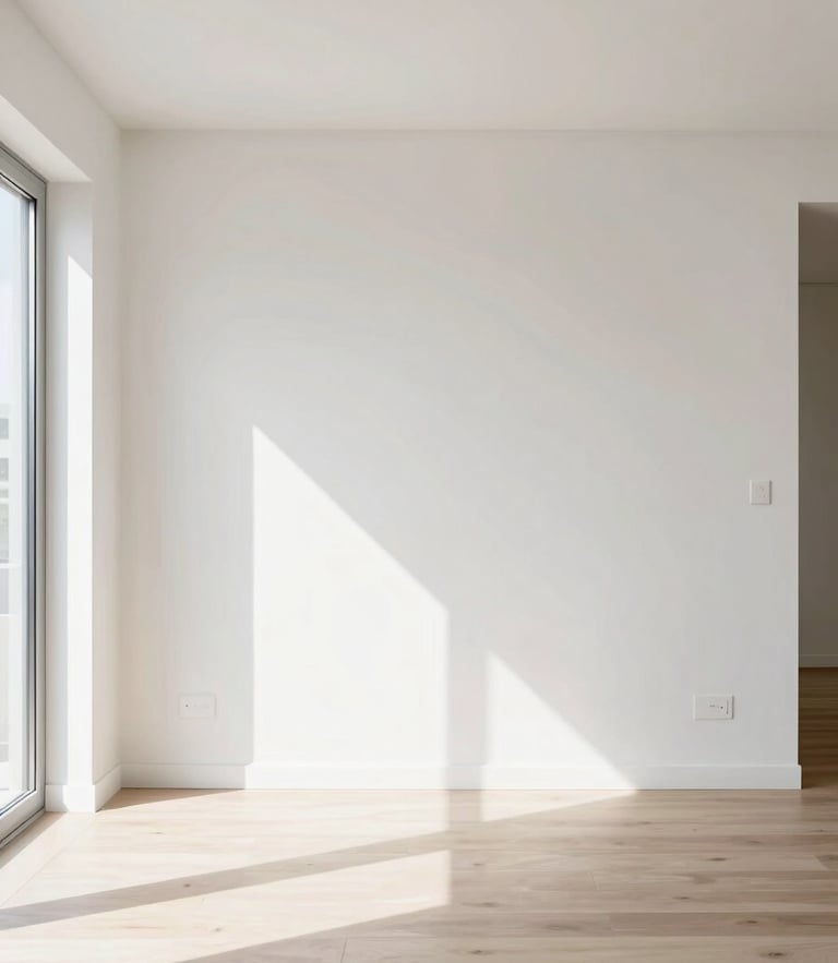 Straight-on architectural photograph of a pristine, newly renovated modern apartment living room, bright daylight, clean paint edges.