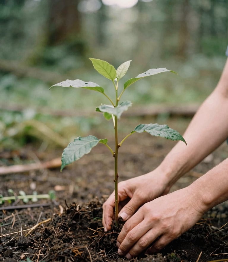 A medium shot of hands planting a young sweet bay tree sapling in rich dark forest soil, soft overcast Pacific Northwest daylight, 35mm film style