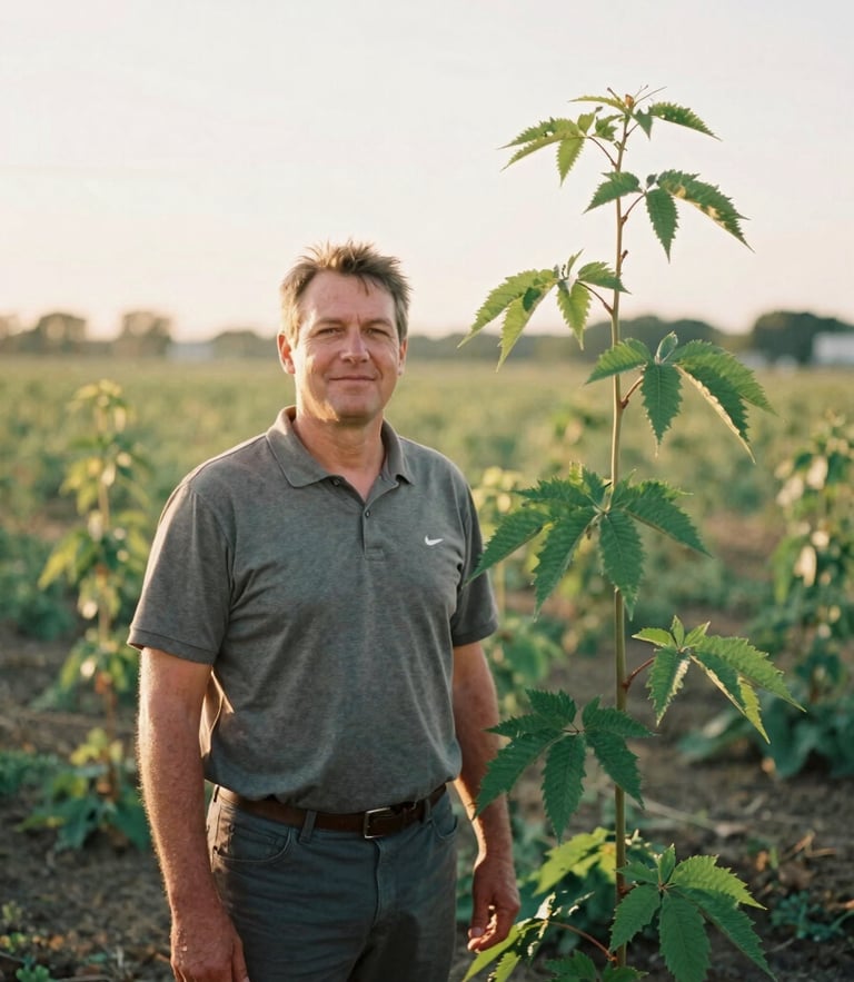 A medium wide environmental portrait of a local community leader standing beside a young sweet bay tree sapling in soft golden hour light, 35mm film style.