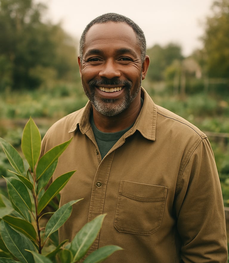 Soft natural overcast daylight, a local community leader smiling in a community garden, sweet bay leaves in the soft-focus foreground, 35mm film style.