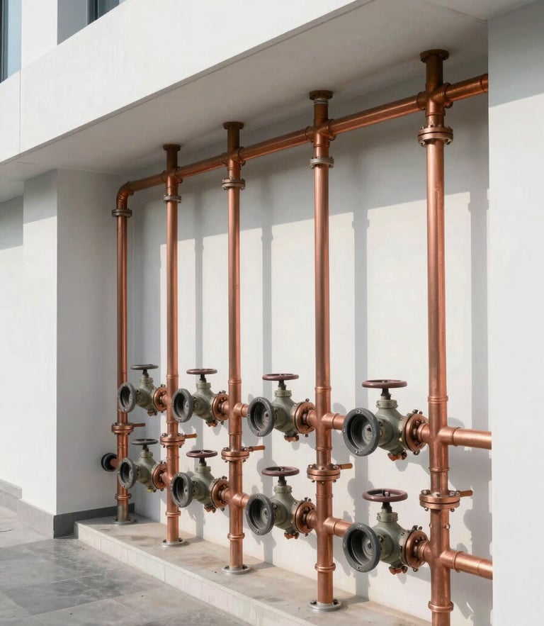 Organized commercial mechanical room with clean copper piping and labeled valves, high-contrast architectural lighting.