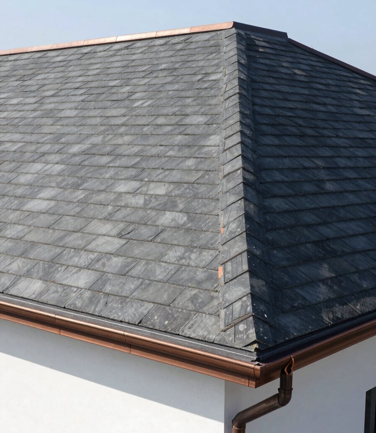Crisp architectural detail of a newly completed slate roof with copper gutters, bright natural daylight, sharp focus on perfect seams.