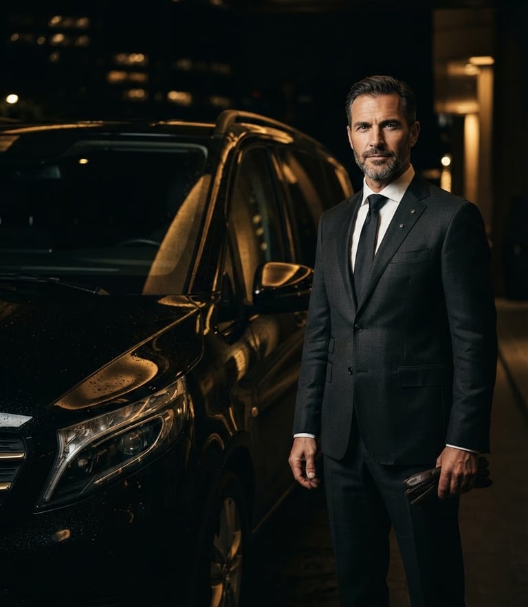 Low-key dramatic portrait of a professional chauffeur in a sharp dark suit standing by a pristine black Mercedes Vito, warm gold reflections, 50mm lens