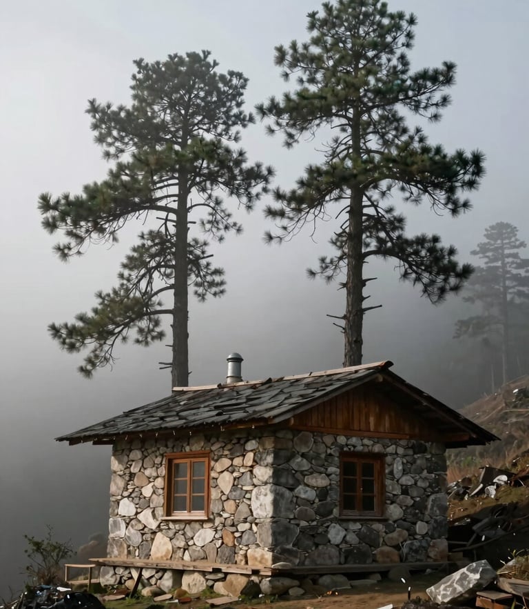 Austere stone-and-timber cabin exterior on the misty Bhaderwah ridge, towering pine trees in dense morning fog, low-key natural daylight.