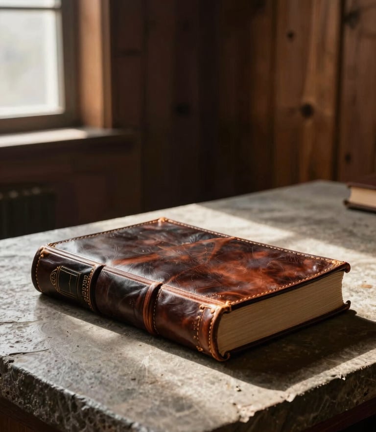 Vast wide-angle view of a heavy leather-bound book resting on an austere stone writing desk, a single-source warm lamplight casting deep shadows against dark pine wood walls, mist visible through a small window.