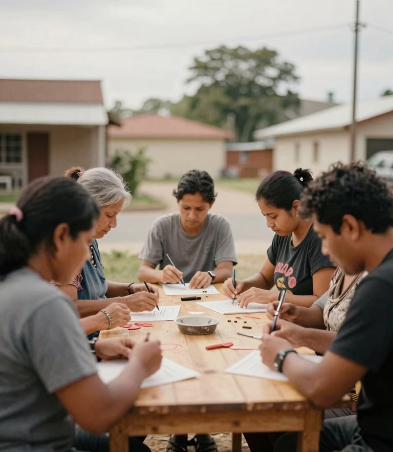 Candid documentary photograph of a neighborhood workshop, natural overcast daylight, warm muted tones, community members collaborating around a wooden table, shallow depth of field, 35mm style.