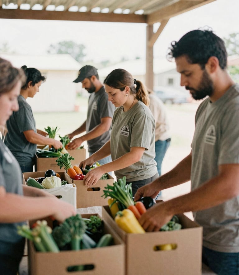 Candid documentary photograph of local volunteers packing fresh produce boxes in a sunlit community center, warm muted earth tones, 35mm film style.