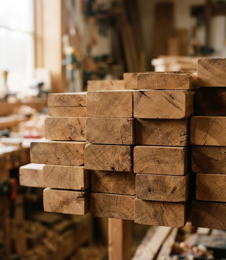 Close-up of raw oak timber planks stacked in a workshop, soft side-lit window daylight highlighting the natural wood grain, macro depth of field, 35mm