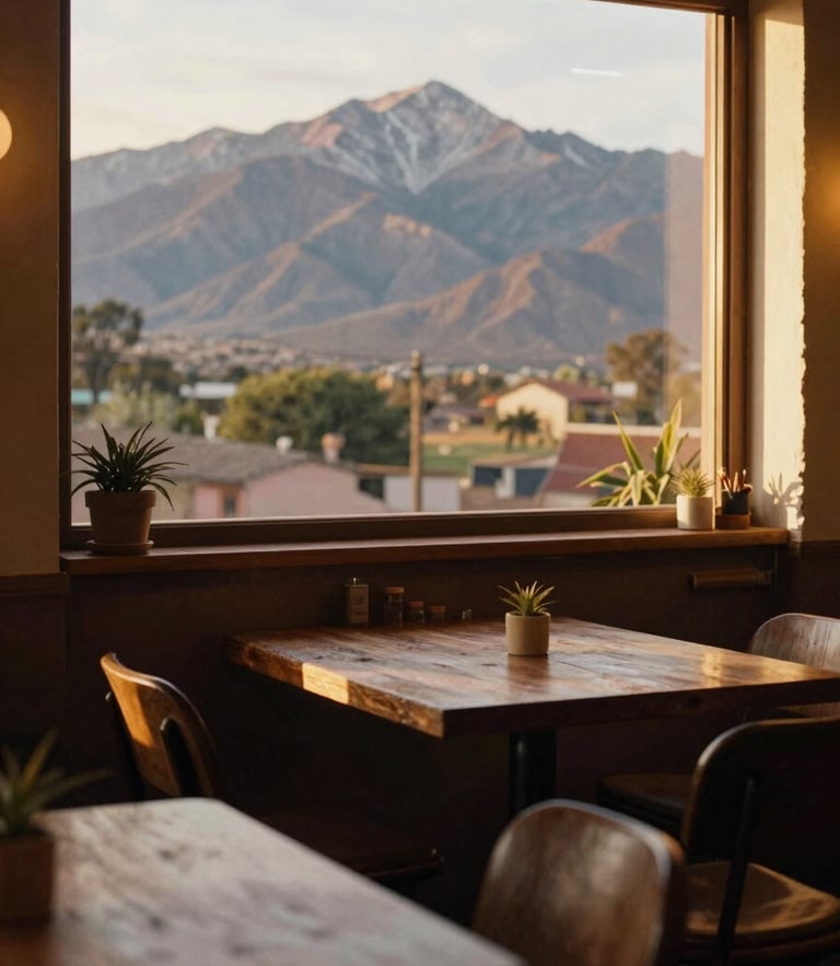 A warm, environmental shot of a cozy cafe workspace in Mendoza with mountains visible through the window, golden-hour light, 35mm film look.