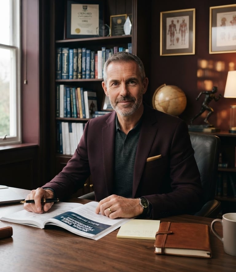 Editorial portrait of an elite sports science professor in a modern dark-toned academic study, soft gold accents, professional lighting, sharp focus, 35mm