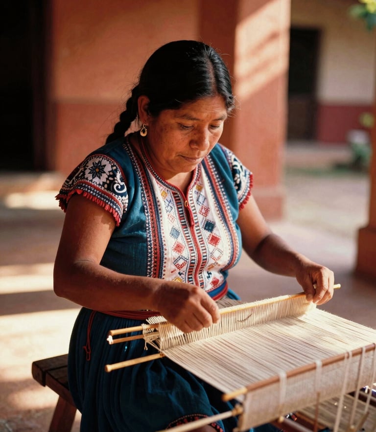 Medium environmental portrait of a Guatemalan artisan weaving on a backstrap loom in a sunlit courtyard, warm golden-hour daylight, rich terracotta tones, 35mm film texture.