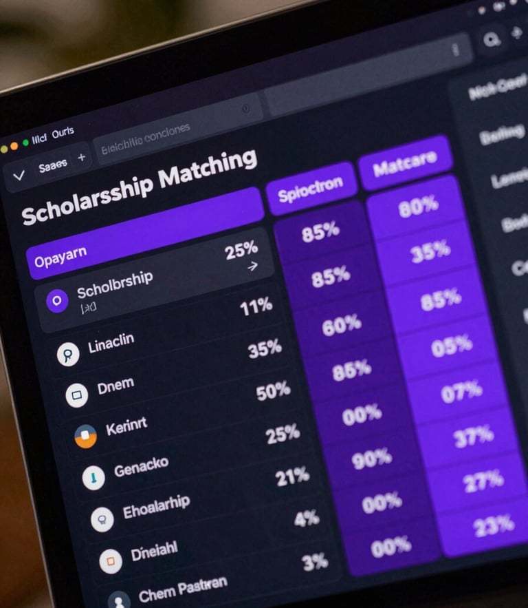 Tight macro shot of a dark-mode SaaS interface displaying a scholarship matching matrix, showing percentage match scores, eligibility criteria, and upcoming deadlines in electric violet and indigo tones, soft background blur.