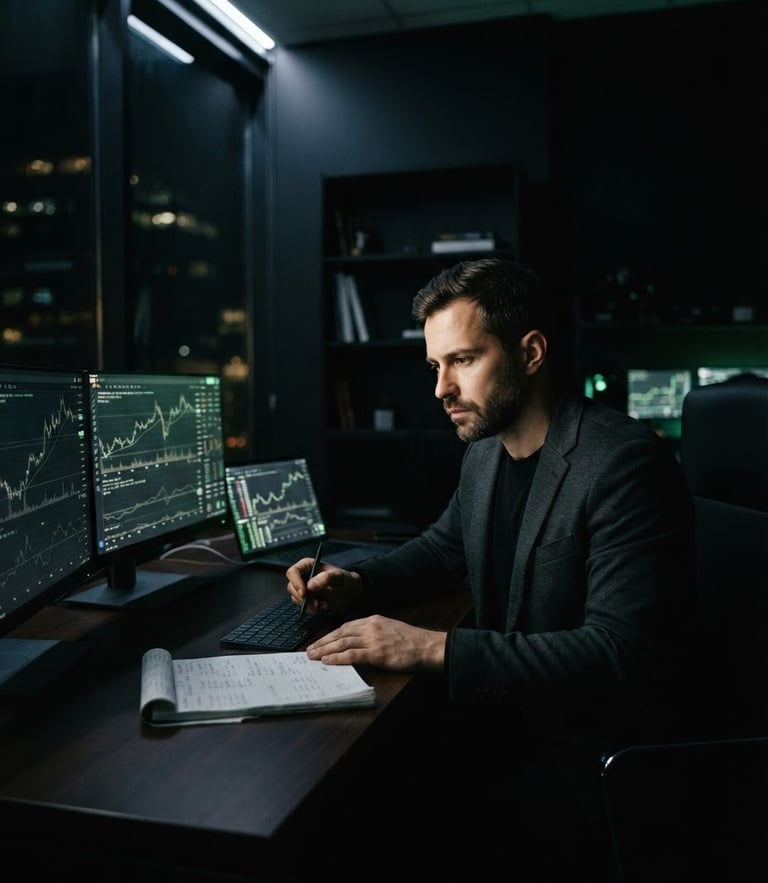 Cinematic low-key photo of a focused male entrepreneur analyzing charts in a dark obsidian-toned office, side-lit with subtle green ambient glow.