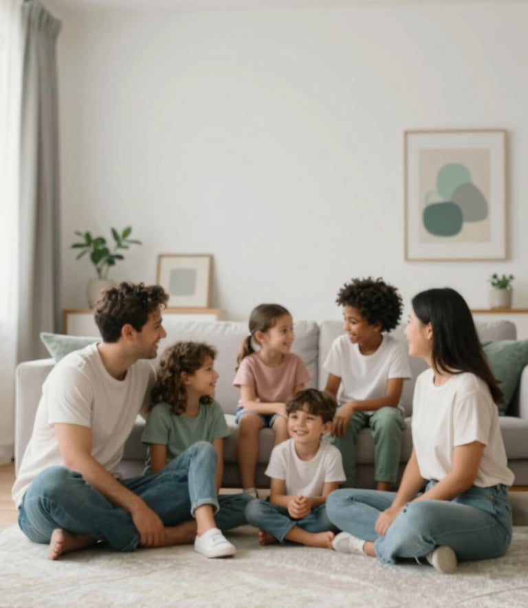 A wide-angle shot of a diverse, happy family—parents and two children—relaxing in their brightly lit living room, symbolizing protection and peace of mind. The decor includes subtle accents of #4A7C59 and #F4F7F9. The style is clean, modern, and trustworthy.