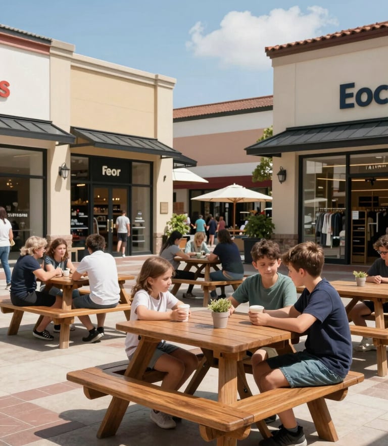 Eye-level daylight shot of families sitting at wooden picnic tables in an outdoor shopping courtyard, storefronts in background under a bright blue sky.