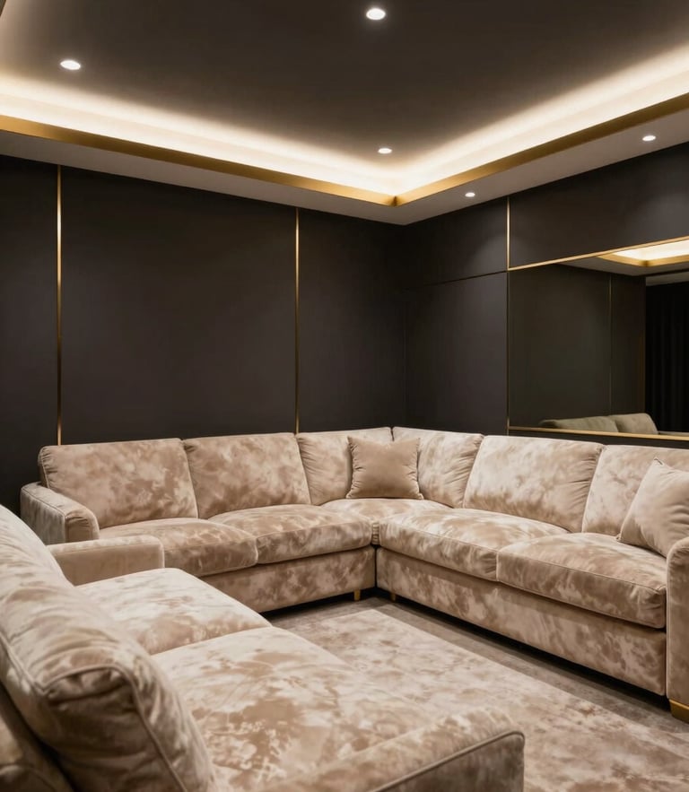 Wide cinematic view of a luxurious private consultation room, deep charcoal walls, champagne gold accents, soft ambient lighting, empty plush seating.