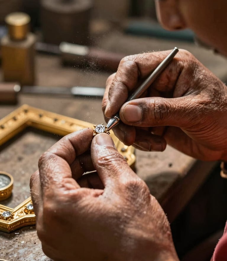 Close-up of master artisan hands carefully setting a Polki diamond into a golden frame, dust particles in sunbeam, warm heritage workshop environment.