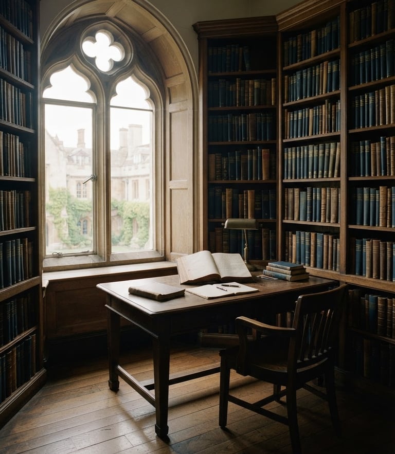 A quiet classical university library alcove with sunlight streaming through arched windows, casting soft shadows on organized wooden desks and scholarly books, 35mm lens, soft daylight