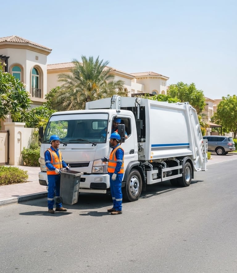 A clean white branded rubbish removal truck parked in a bright Dubai residential street, uniformed crew members standing next to it, high-key midday sunlight, 35mm