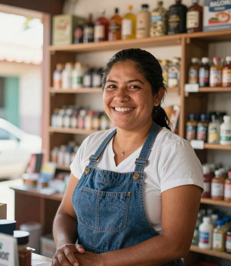Medium shot of a Salvadoran micro-business owner smiling inside her local store, bright warm natural daylight, focus on her face.