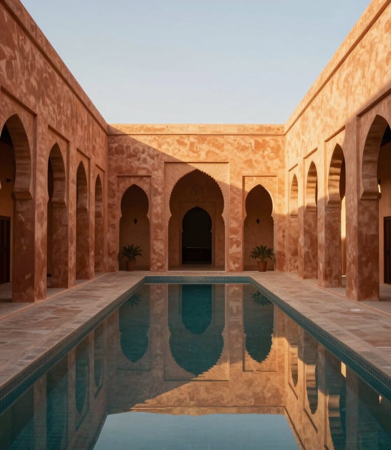 Symmetrical architectural view of a luxury riad courtyard in Marrakech, warm golden-hour light reflecting on a pristine pool, terracotta walls, minimalist luxury, 35mm lens