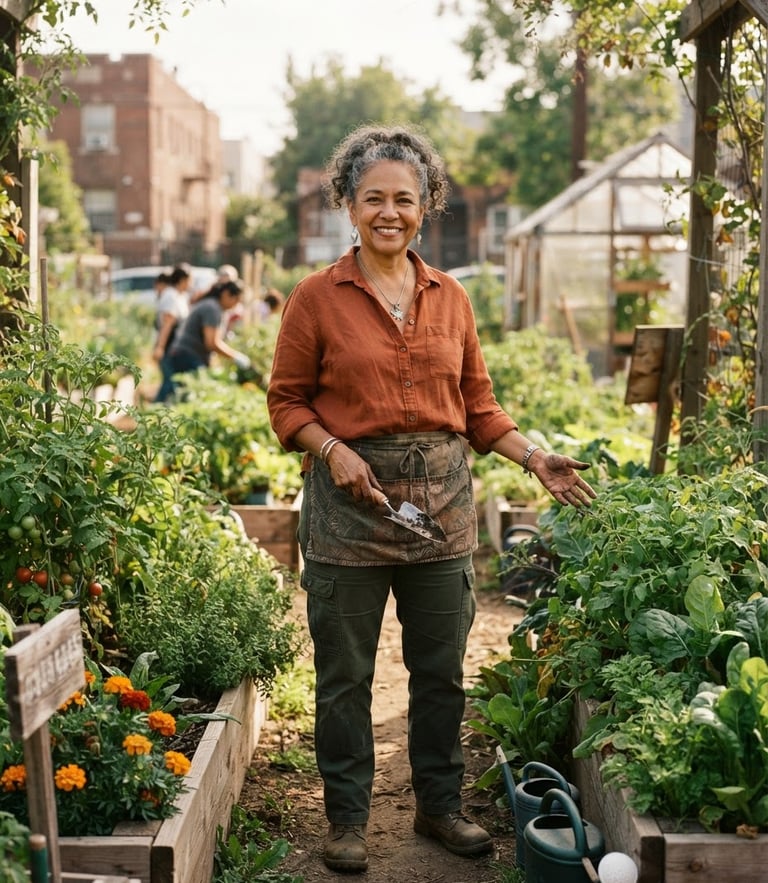 A medium environmental portrait of a female community leader standing in a sunlit urban garden, warm diffused daylight, rich earthy tones, authentic documentary style.
