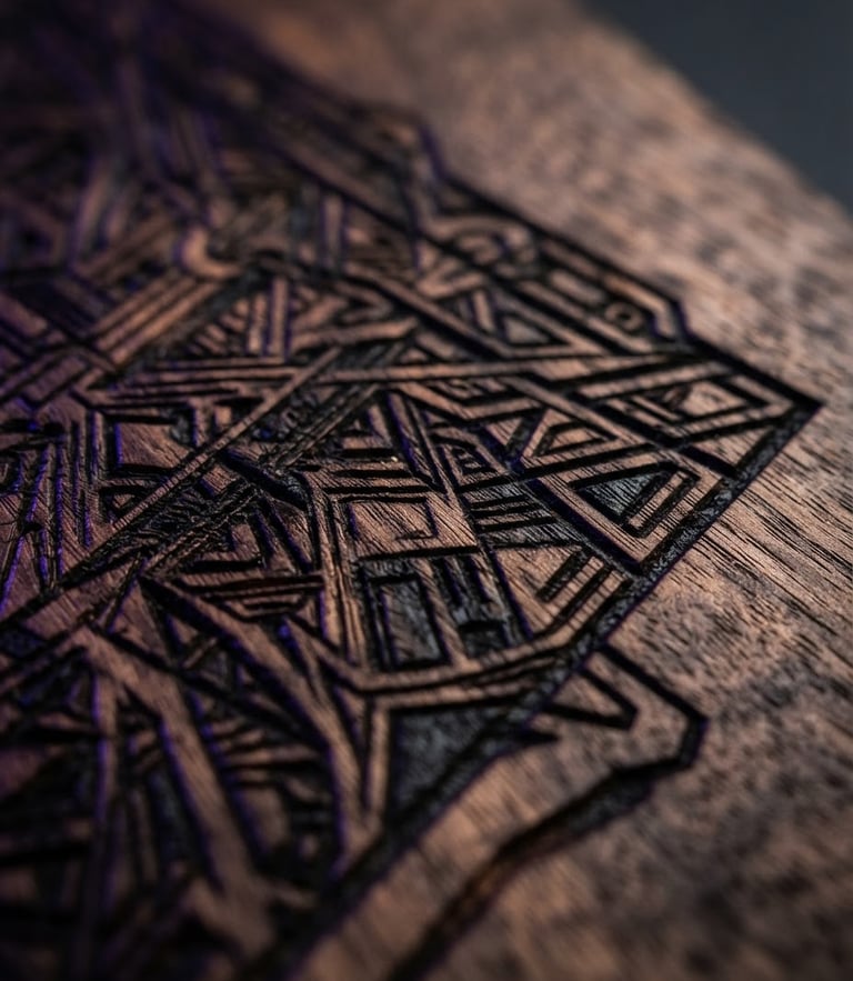 Macro close-up of a laser-engraved walnut slab, crisp details of burnt wood grain, dramatic studio lighting with electric-violet accents
